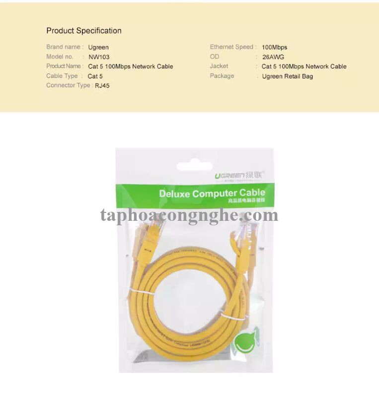 Ugreen 11233 5M màu Vàng Cáp mạng LAN CAT5E UPT NW103 30011233